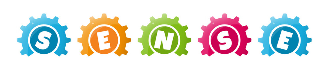 Sense - text written inside colorful gears on white background
