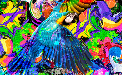 abstract colored parrot with colorful paint splashes on background - obrazy, fototapety, plakaty