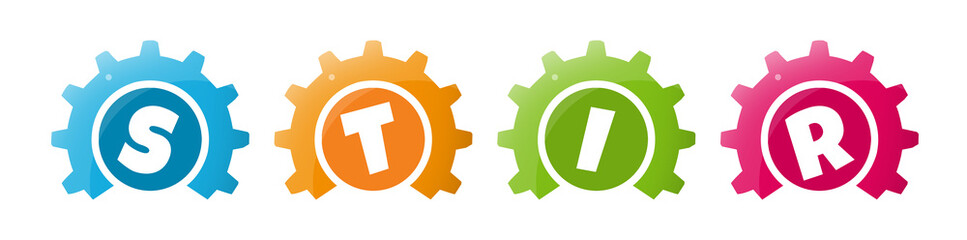 Stir - text written inside colorful gears on white background