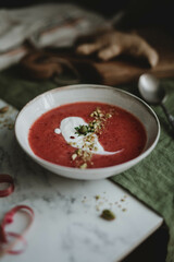 cold red strawberry and rhubarb soup with ginger