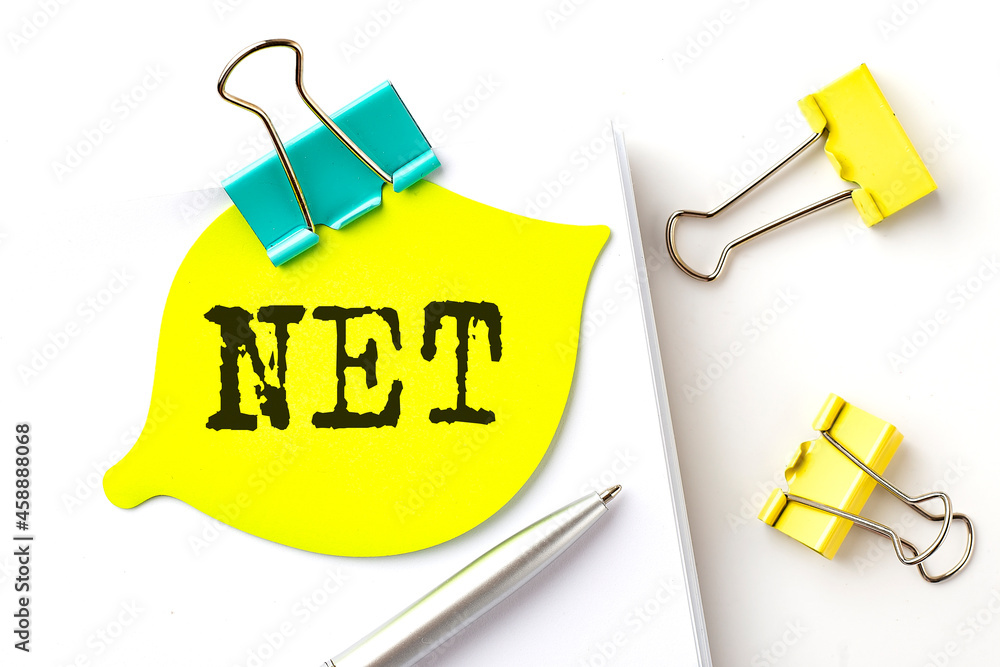 Poster sticker with net text on notebooks on the white background