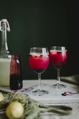 lemonade with blueberry syrup in glasses