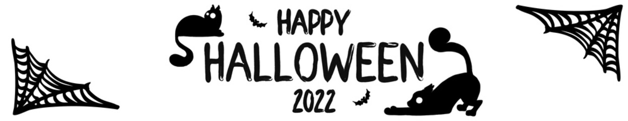 black and white text banner, leaderboard, lead stand for website. Happy Halloween 2022 greetings with cute cats, bats and cobwebs. For festive decoration, prints, packaging, postcards, design various