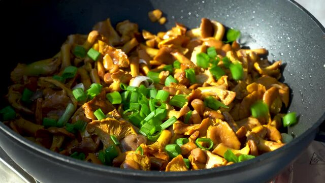 mushrooms with green are fried in a frying pan. Cantharellus cibarius. edible forest mushroom, highly valued, suitable for consumption in any form.