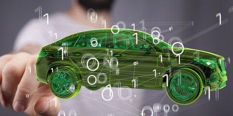 Hologram auto, futuristic polygonal model auto.