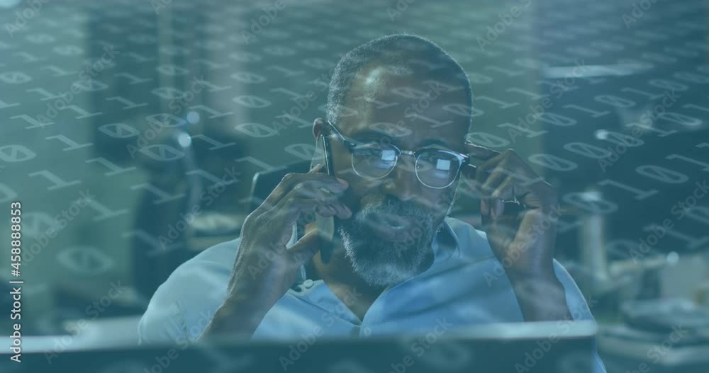 Aufkleber animation of binary coding over businessman talking on smartphone in office