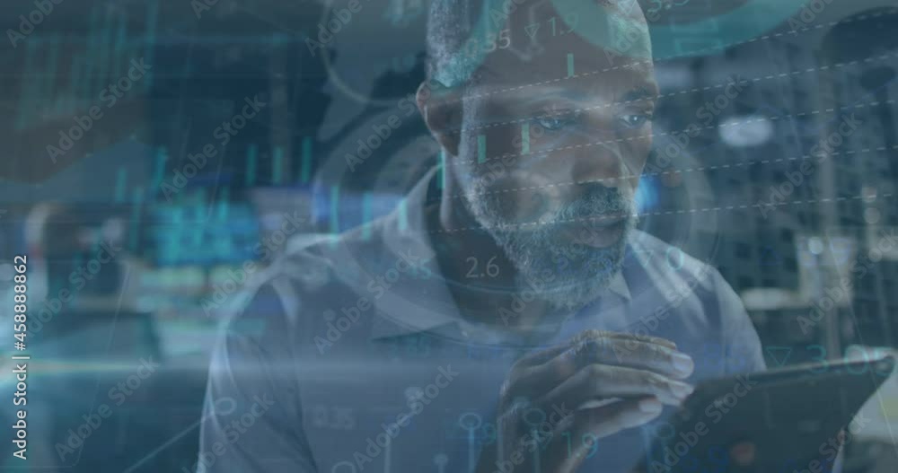 Poster Animation of data processing over businessman using tablet in office