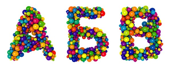 Multicolored russian alphabet letters A B V. Funny 3D illustration. Glossy multicolored decorative balls text.