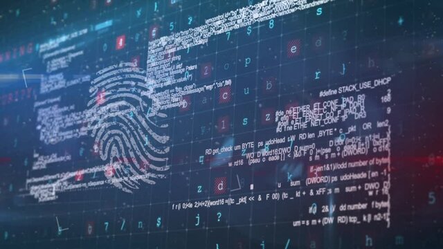 Animation of fingerprint over data processing on black background