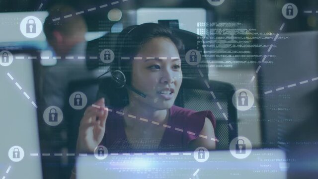 Animation of network of connections with icons over businesswoman using phone headset in office