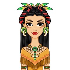 Animation portrait of the beautiful girl in a dress of the Native American Indian. Vector illustration isolated on a white background.