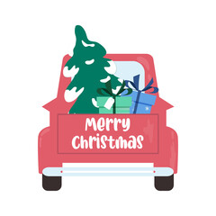 Christmas truck with Christmas tree and gift boxes inside vector illustration