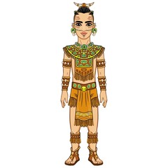Animation portrait of the man in a dress of the Native American Indian. Full growth. Vector illustration isolated on a white background.