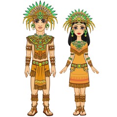 Animation portrait of a family  in a dress of the Native American Indian. Full growth. Vector illustration isolated on a white background.