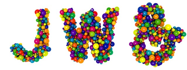 Multicolored letters J W. Funny 3D illustration. Glossy multicolored decorative balls text.