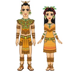 Animation portrait of a family in a dress of the Native American Indian. Full growth. Vector illustration isolated on a white background.