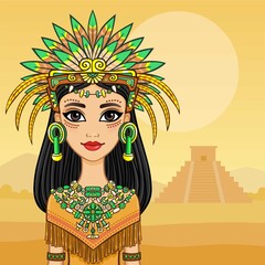 Animation portrait of the beautiful girl in a dress of the Native American Indian. Background - a summer landscape, an ancient pyramid. Vector illustration.