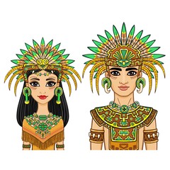 Animation portrait of a family in a dress of the Native American Indian. Vector illustration isolated on a white background.