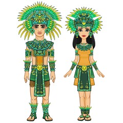 Animation portrait of a family in a dress of the Native American Indian. Full growth. Vector illustration isolated on a white background.