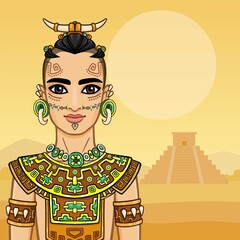 Animation portrait of the young man in a dress of the Native American Indian. Background - a summer landscape, an ancient pyramid. Vector illustration.