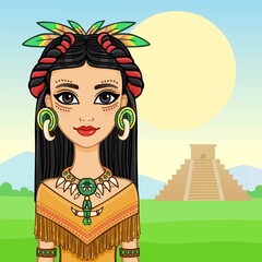 Animation portrait of the beautiful girl in a dress of the Native American Indian. Background - a summer landscape, an ancient pyramid. Vector illustration.