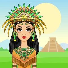 Animation portrait of the beautiful girl in a dress of the Native American Indian. Background - a summer landscape, an ancient pyramid. Vector illustration.