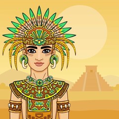 Animation portrait of the young man in a dress of the Native American Indian. Background - a summer landscape, an ancient pyramid. Vector illustration.