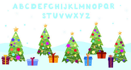 Naklejka premium Alphabet, sans serif font. Capital letters. Christmas, New Year landscape with trees and gift boxes.
