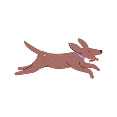 Cute happy dog running fast with tongue out. Small funny puppy jumping. Active excited doggy walking. Profile of adorable canine animal in motion. Flat vector illustration isolated on white background