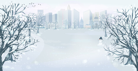 Panorama of the winter park and a view of the city. Landscape with trees in the snow, a snowman and city buildings on the horizon. Vector illustration with space for text.