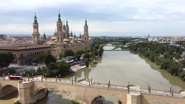 aerial view a romanic bridge near Basilica del Pilar Zaragoza Spain