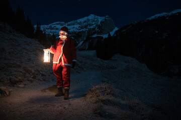 Santa Claus walking in winter land after a long night