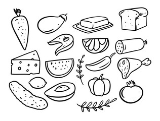 Hand drawn black color eat and food objects set.