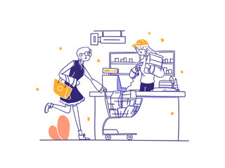 Online Shop Ecommerce Cashier Scan Item price with Cash Register Concept Illustration in Outline Hand Drawn Design Style