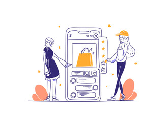 Customer Give Product Review and Stars Online Marketplace Smartphone Application concept Illustration in Outline Hand Drawn Design Style
