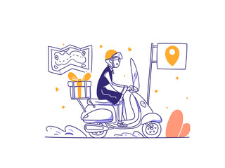 Online Shop Free Courier deliver item with motorcycle concept Illustration in Outline Hand Drawn Design Style