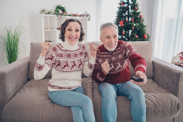 Photo of hooray couple aged lady man sit watch tv wear sweater jeans at home