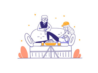 online Shop Ecommerce Home Interior category People Try and Relaxing Sit on Sofa concept Illustration in Outline Hand Drawn Design Style