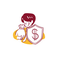 Business Finance Man Saving to Protect  and shield Money in Pouch Concept Icon Illustration in Outline Hand Drawn Design Style