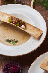 mushroom cream soup on a wooden table