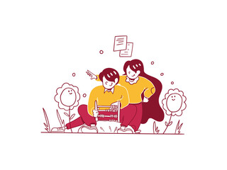 Business finance Man woman Calculate analyze money with abacus hand drawn design style Illustration