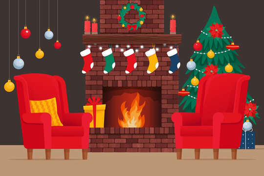Brick classic fireplace with socks, christmas tree, candle, balls, gifts and wreath. Cozy interior with fireplace and armchairs. Сhristmas, New Year holiday. Vector illustration in flat style