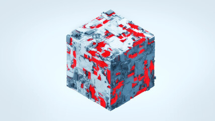 Abstract futuristic 3d isometric hi-tech future spaceship technology style cube object with white material and red glow bright light on white background