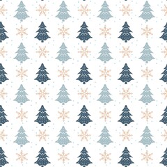 Winter seamless pattern with trees, snowflakes, and snow elements on white background. Surface design for textile, fabric, wallpaper, wrapping, giftwrap, paper, scrapbook and packaging.