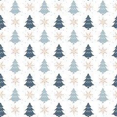 Winter seamless pattern with trees, snowflakes, and snow elements on white background. Surface design for textile, fabric, wallpaper, wrapping, giftwrap, paper, scrapbook and packaging.