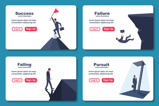 Success and failure. Development and pursuit. Vector illustration flat design. Isolated on white background. Set of motivational business concepts. Web Pages Design Template for Business Solutions.