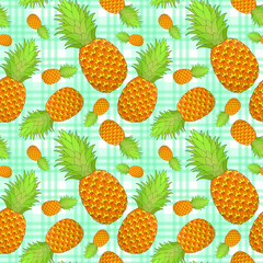 Pineapple seamless pattern on gingham background. Tropical fruit repeating endless texture. Yummy boundless background. Food surface pattern design. Editable tile for textile or stationery