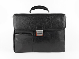 Business bag or case in black leather. Isolated on white backgro