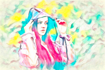 Young beautiful woman in hooded raincoat on rainy day. Oil painting in colorful colors.