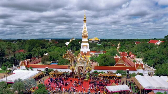 Aerial view Wat Phra That Phanom Buddhism Temple. Nakhon phanom Thailand. This structure contains The Buddha's breast bone, High 53.6m Top Adorned with Gold 110kg Popular destination for tourist.